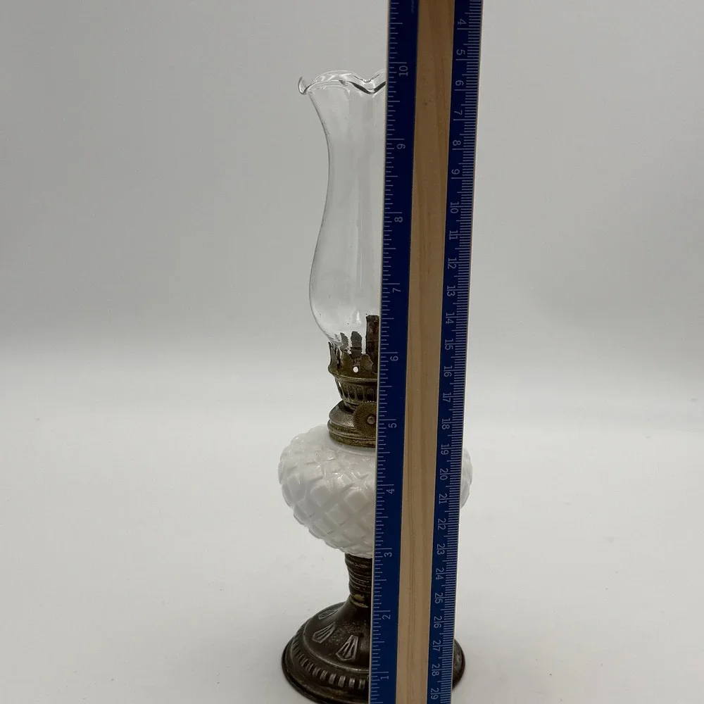 Vintage Miniature Milk Glass Oil Lamp White Hobnail Diamond Pattern Brass Base